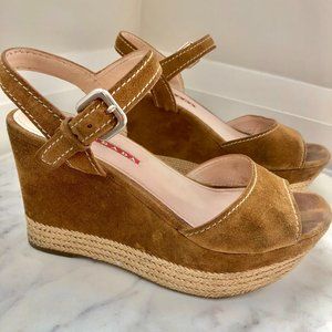 Prada, Camel Suede Wedge Platform Sandals, Size 37 1/2 or 7.5 CAN